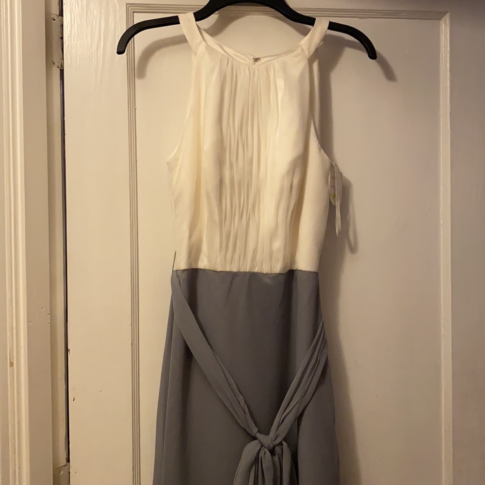 Gray & white Mori Lee bridesmaid gown